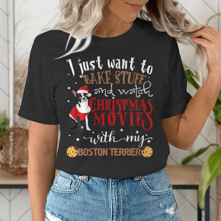 Watch Christmas Movies With My Boston Terrier Bostie Women's T-Shirt, Boston Terrier Christmas Shirts, funny gift