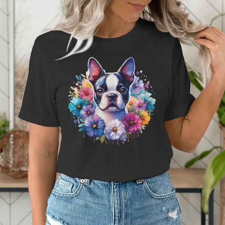 Watercolor Floral Boston Terrier Mama Dog Lover Mother's Day Women's T-Shirt, funny gift