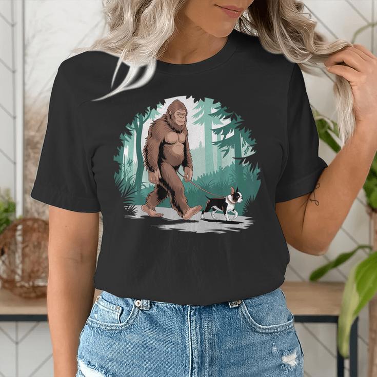 Whimsical Forest Adventures Sasquatch Bigfoot Walking Boston Terrier Dog Lovers Women's T-Shirt, funny gift