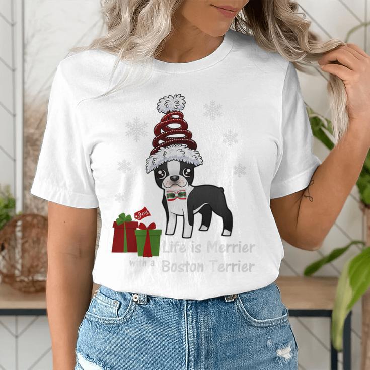Boston Terrier Christmas T Shirt-Life Is Merrier Premium Tri-Blend Women's T-Shirt, Boston Terrier Christmas Shirts, funny gift