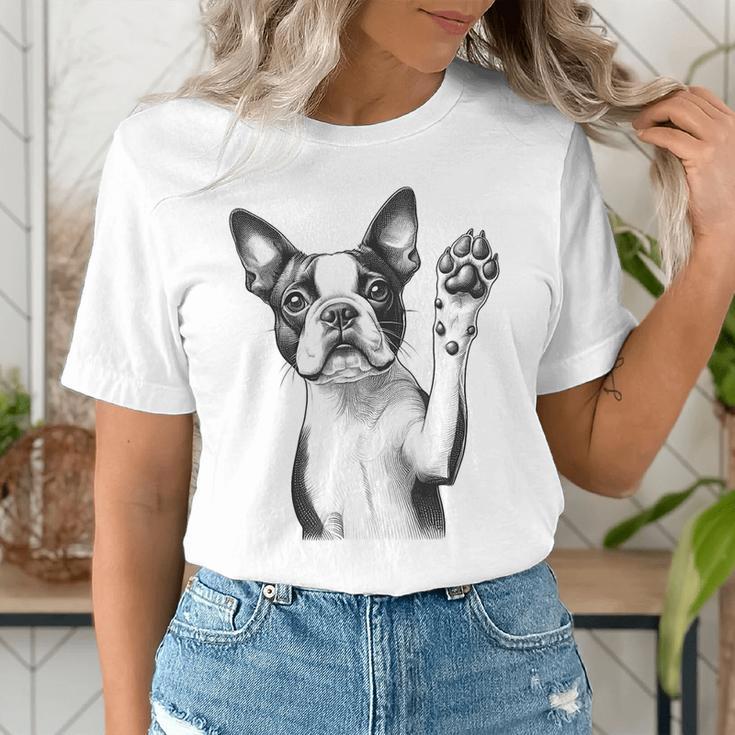 Boston Terrier Dog Raising Paw Idea Men Women Women's T-Shirt, funny gift
