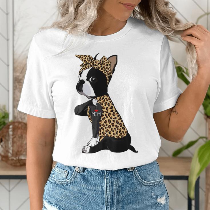 Boston Terrier Lover I Love Mom Tattoo Leopard Women's T-Shirt, Boston Terrier Mom Shirts, funny gift