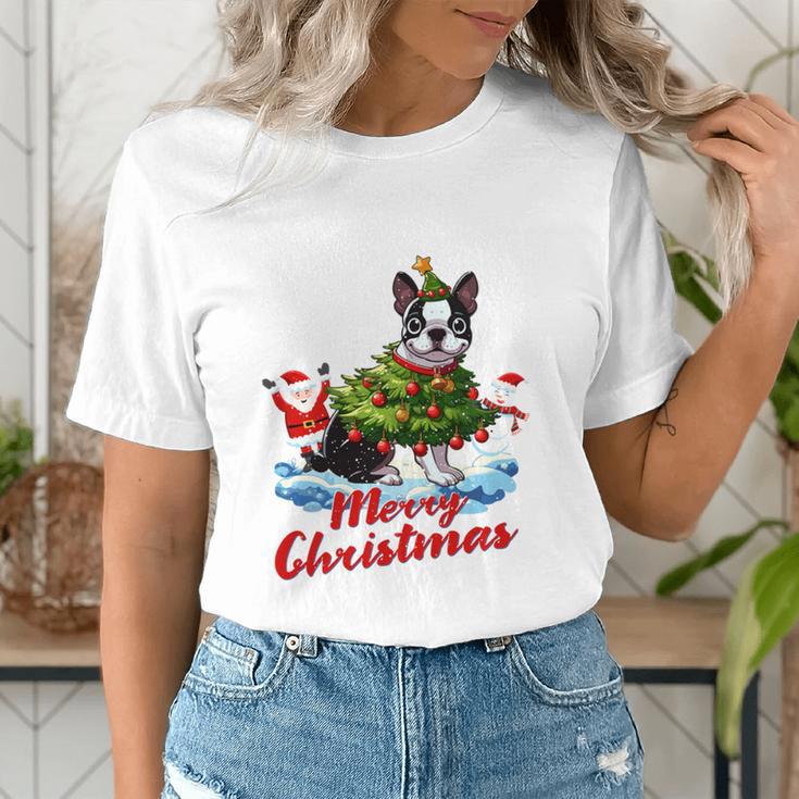 Boston Terrier Merry Christmas Tree Lights Dog X-Mas Dogs Women's T-Shirt, Boston Terrier Christmas Shirts, funny gift