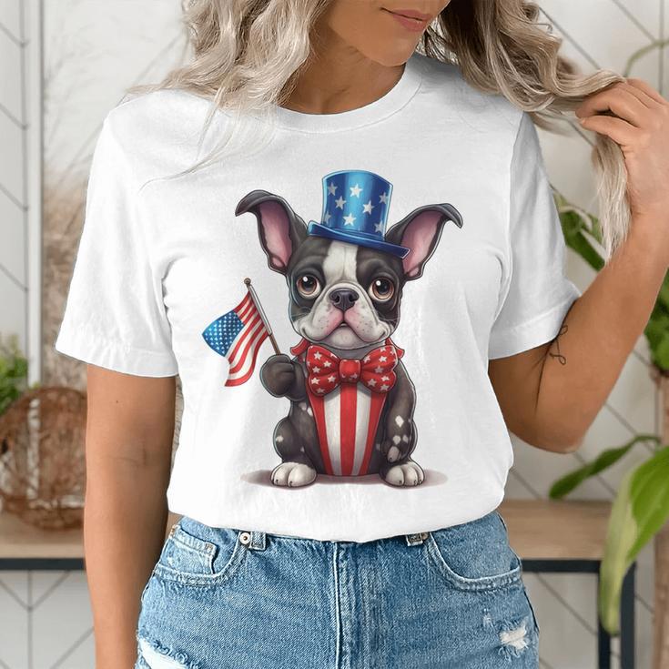 Boston Terrier Puppy Dog Holds His American Flag 4th Of July Women's T-Shirt, American Boston Terrier Shirts, Boston Terrier 4th Of July Shirts, funny gift