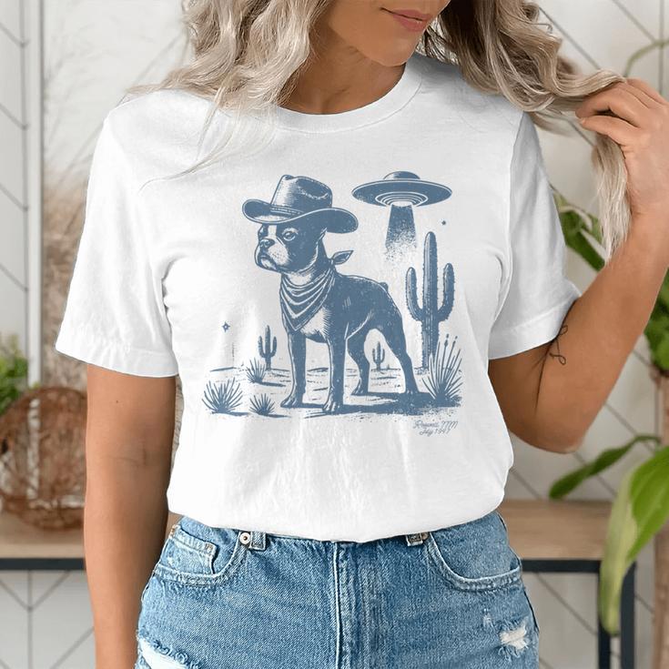 Boston Terrier UFO Cowboy Dog Dog Mom Dog Dad Alien Dog Women's T-Shirt, Boston Terrier Dad Shirts, Boston Terrier Mom Shirts, funny gift