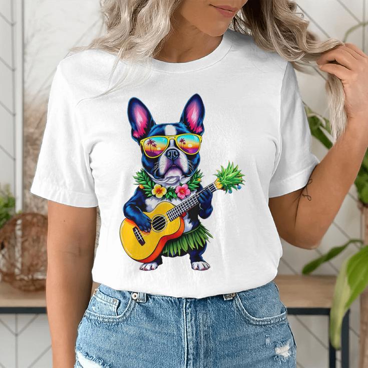Hawaiian Boston Terrier & Pineapple Ukulele Summer Vacation Women's T-Shirt, funny gift