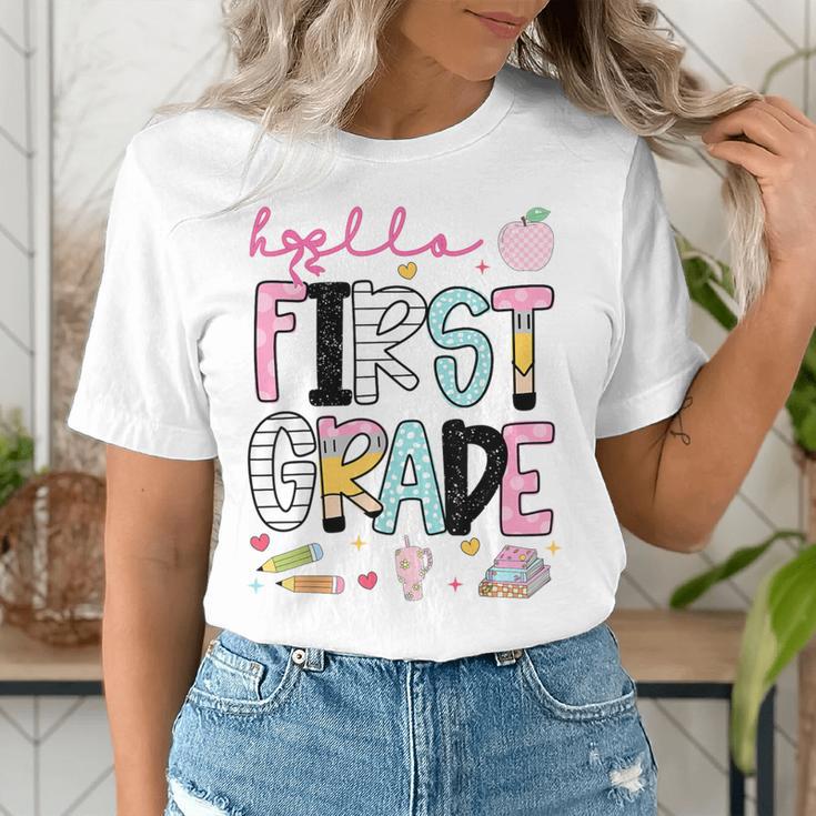 Hello First Grade Teacher Coquette Pencil Bow Back To School Women's T-Shirt, First Grade Teacher Shirts, funny gift Hello First Grade Teacher Coquette Pencil Bow Back To School Women's T-Shirt, First Grade Teacher Shirts, funny gift