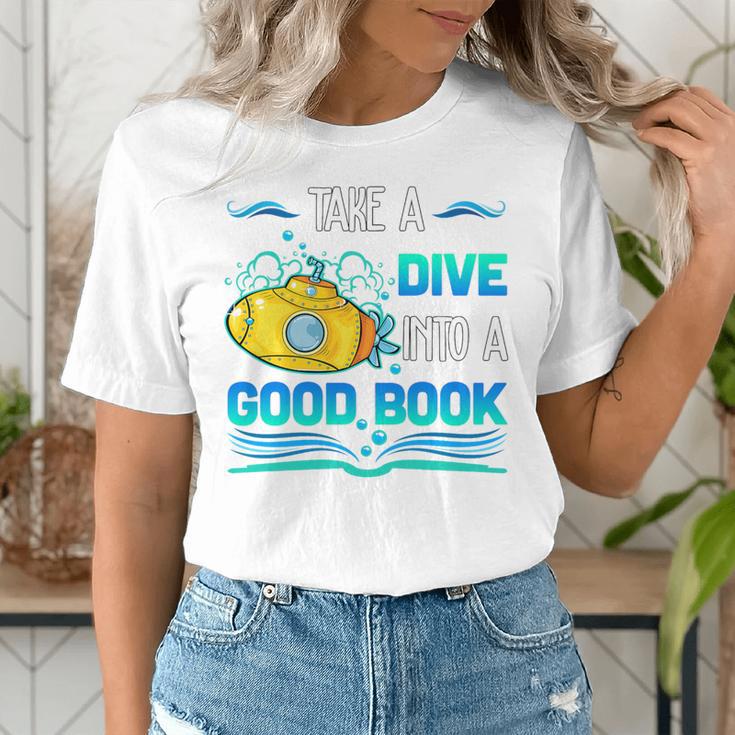 Librarian Teacher Dive Into A Good Book Reading Premium Tri-Blend Women's T-Shirt, funny gift