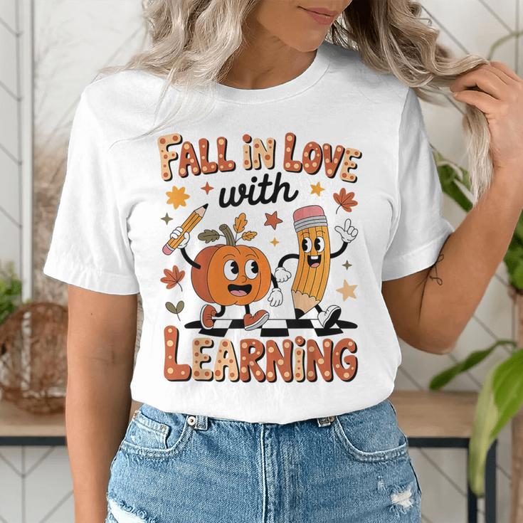 Retro Fall In Love With Learning Autumn Pumpkin Teacher Kids Women's T-Shirt, funny gift Retro Fall In Love With Learning Autumn Pumpkin Teacher Kids Women's T-Shirt, funny gift