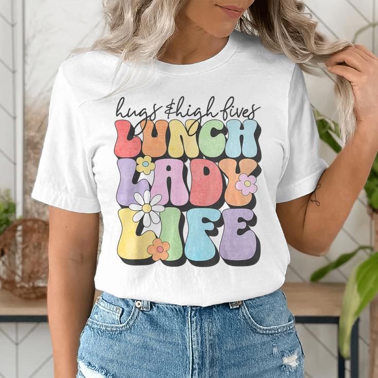 Soul Bleach Teacher Staff First Day Of School Last Hugs & High Fives Lunch Lady Vibes Blue Classic Fit Women's T-Shirt, funny gift Soul Bleach Teacher Staff First Day Of School Last Hugs & High Fives Lunch Lady Vibes Blue Classic Fit Women's T-Shirt, funny gift