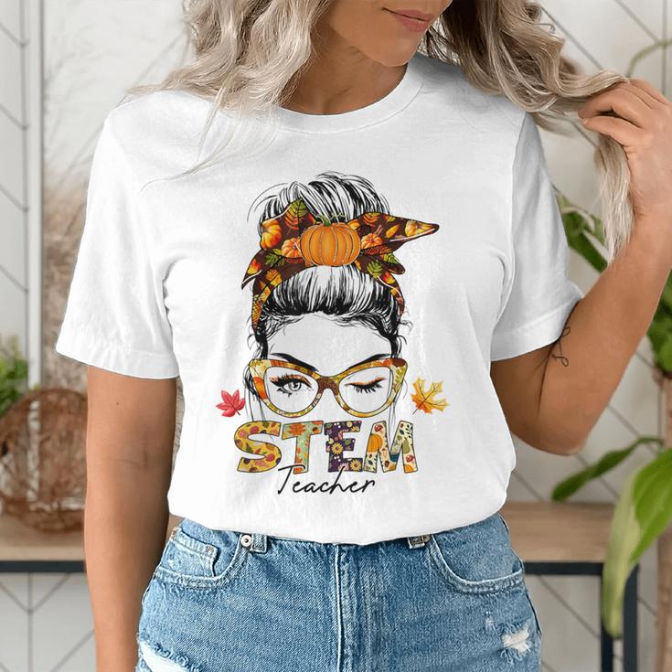 STEM Teacher Messy Bun Fall Vibes Autumn Thanksgiving Men Women Women's T-Shirt, funny gift STEM Teacher Messy Bun Fall Vibes Autumn Thanksgiving Men Women Women's T-Shirt, funny gift