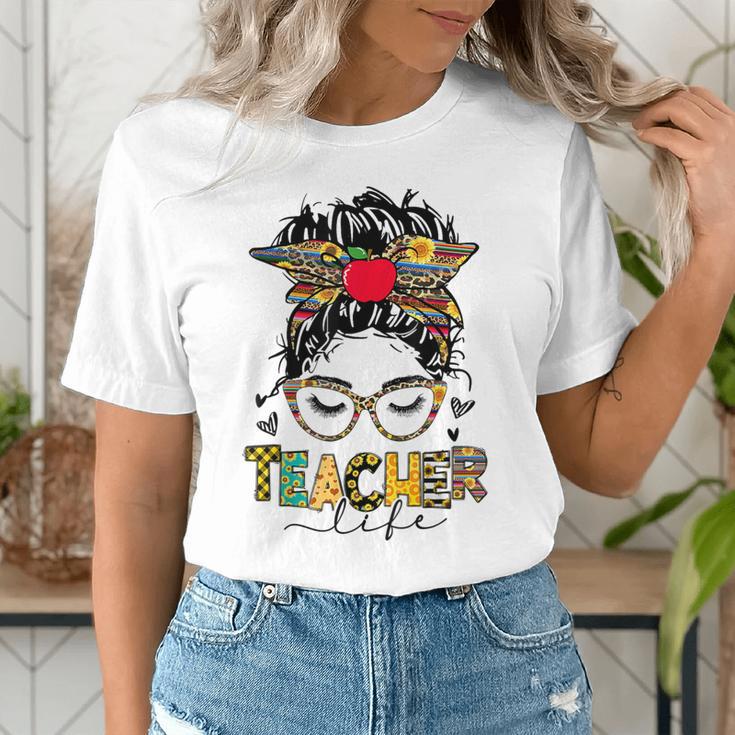 Teacher Life Messy Bun Glasses Leopard Sunflower Women's T-Shirt, funny gift