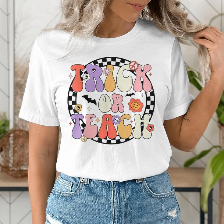 Trick Or Teach Retro Groovy Halloween Teacher Women's T-Shirt, Groovy Teacher Shirts, funny gift