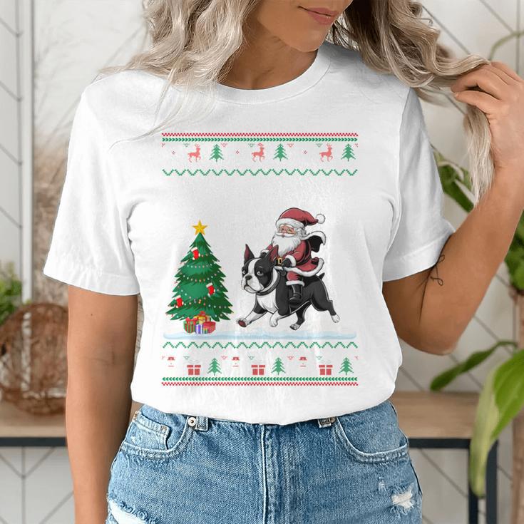 Ugly Christmas Tree Lights Xmas Santa Riding Boston Terrier Women's T-Shirt, Boston Terrier Christmas Shirts, Boston Terrier Riding Shirts, funny gift