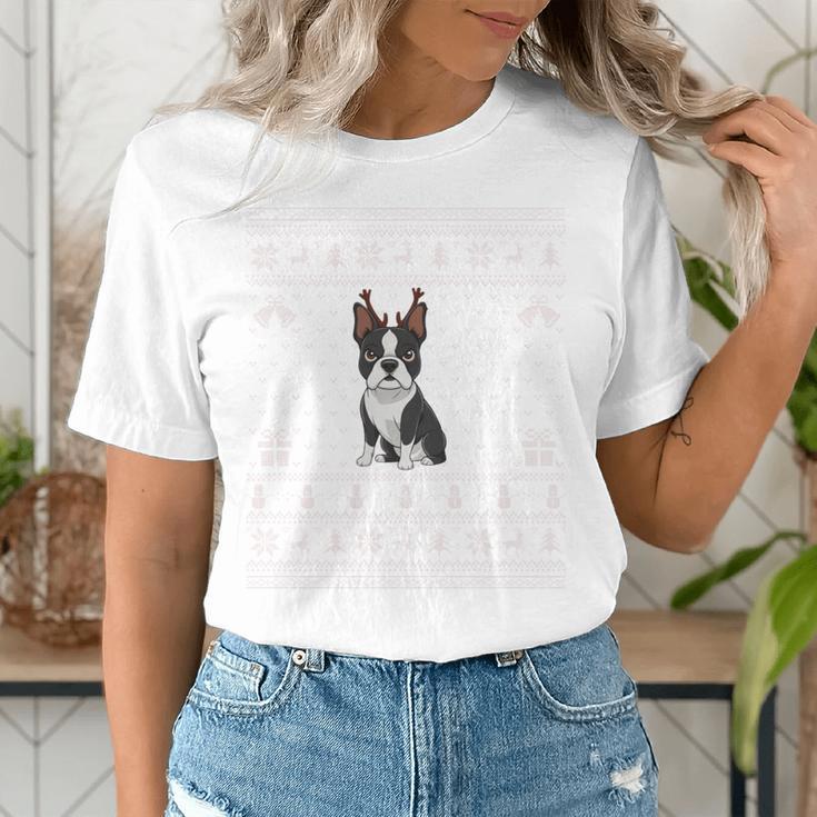 Ugly Xmas Sweater Style Boston Terrier Reindeer Christmas Women's T-Shirt, Boston Terrier Christmas Shirts, funny gift