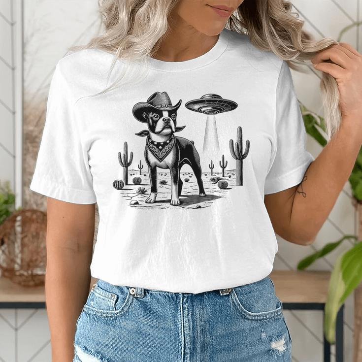 Vintage Boston Terrier UFO Western Wild West Dog Mom Dad Women's T-Shirt, Boston Terrier Dad Shirts, Boston Terrier Mom Shirts, funny gift