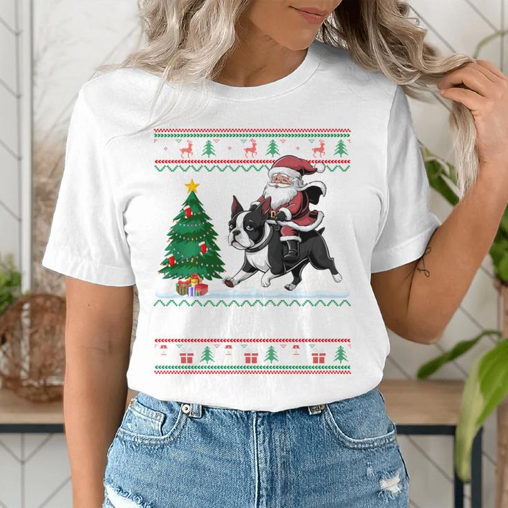 Xmas Tree Lighting Santa Riding Boston Terrier Christmas Women's T-Shirt, Boston Terrier Christmas Shirts, Boston Terrier Riding Shirts, funny gift