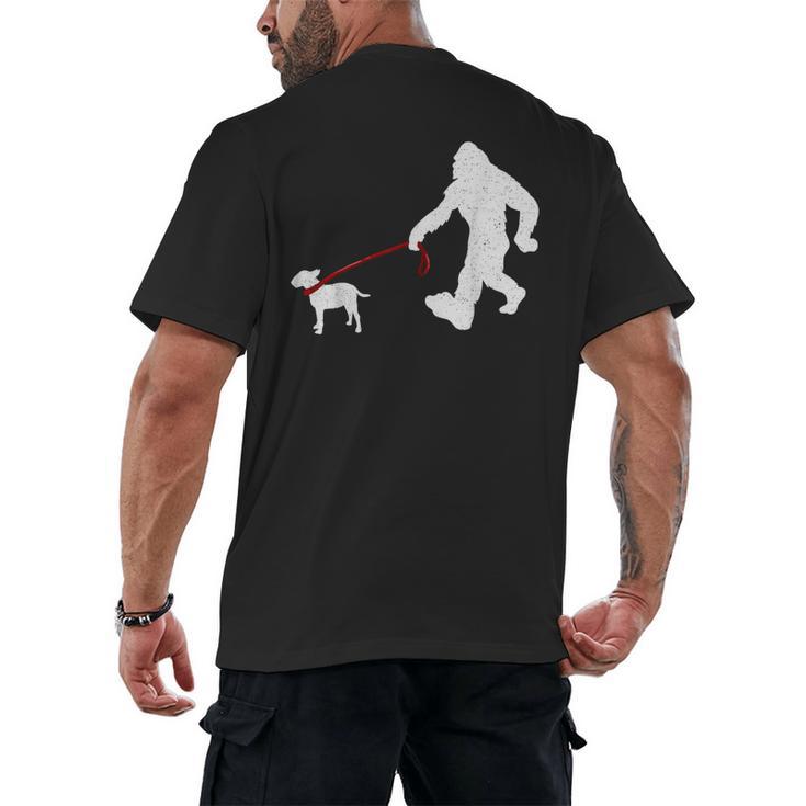 Bigfoot Walking With Bull Terrier Dog Men's Back Print T-Shirt