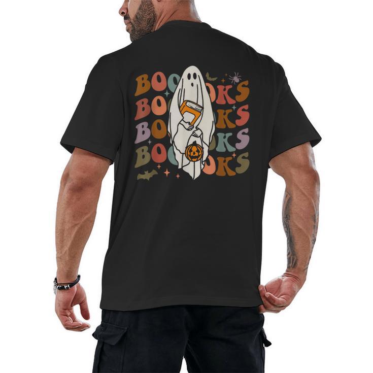 Booooks Ghost Halloween Groovy Vintage Teacher Book Reading Men's Back Print T-Shirt