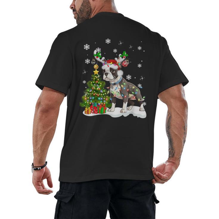 Boston Terrier Christmas Tree Lights Santa Hat Men's Back Print T-Shirt