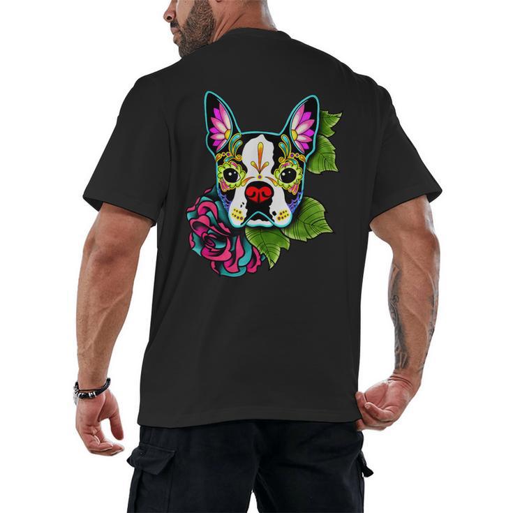 Boston Terrier In Day Of The Dead Sugar Skull Dog Men's Back Print T-Shirt