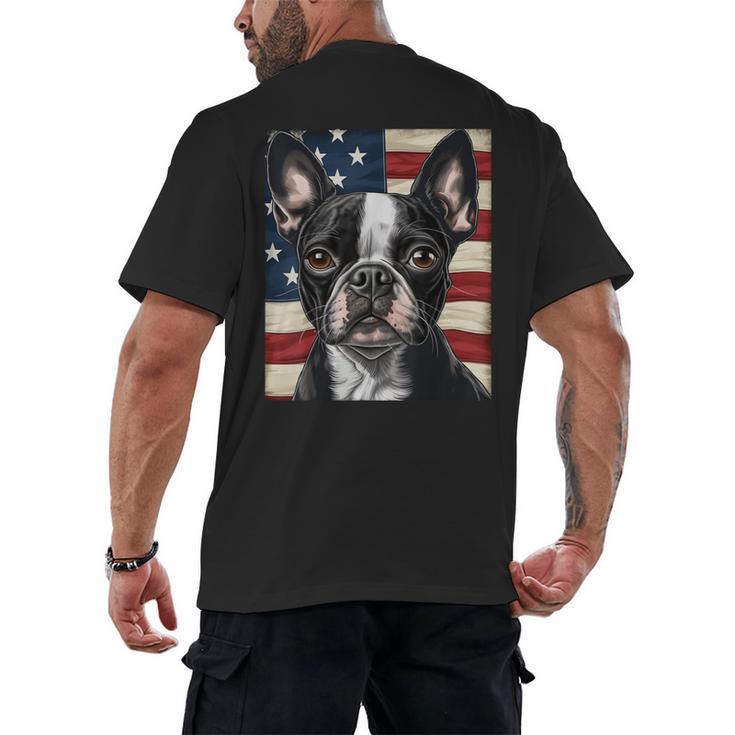 Boston Terrier Dog American Flag 4th Of July Patriotic Puppy Men's Back Print T-Shirt