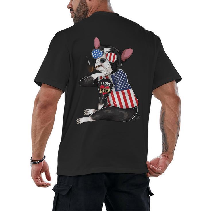 Boston Terrier Dog Merica 4th Of July Usa American Flag Men Men's Back Print T-Shirt