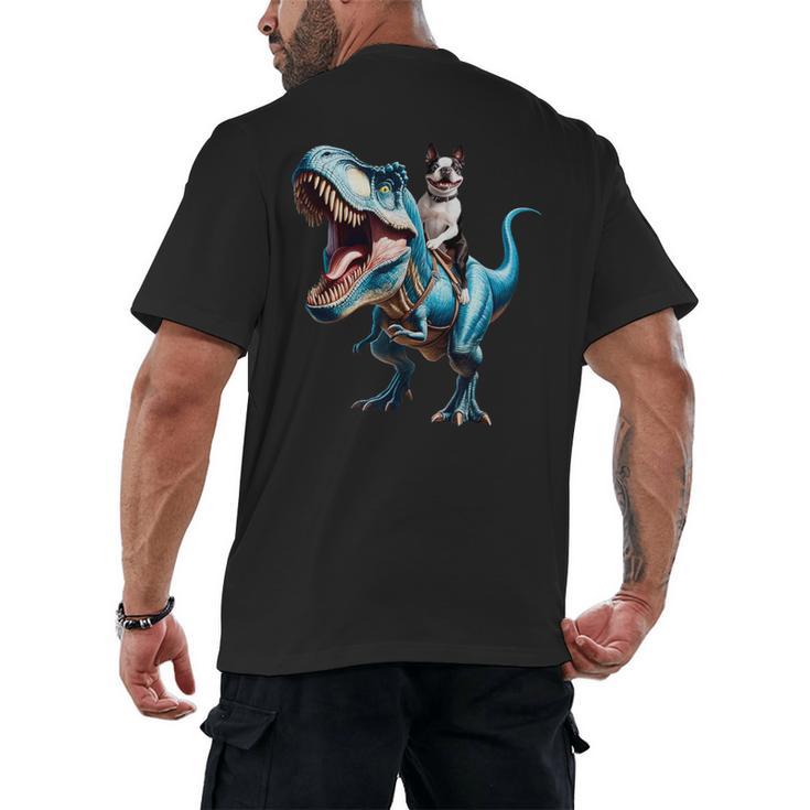 Boston Terrier Riding T-Rex Dinosaur Dog Lover Men's Back Print T-Shirt