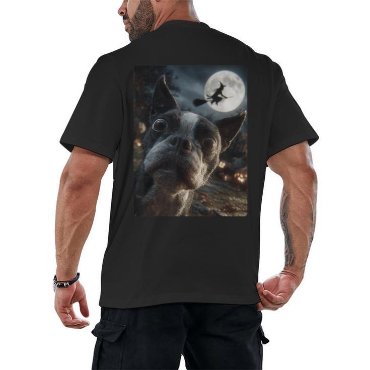 Boston Terrier Selfie Full Moon Flying Witch Halloween Dog Men's Back Print T-Shirt