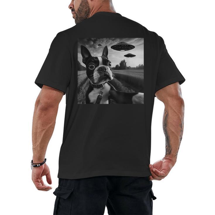 Boston Terrier Graphic Selfie With UFOs Weird Aliens Men's Back Print T-Shirt