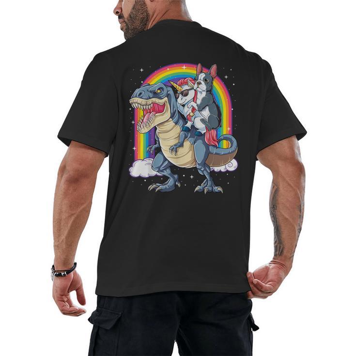 Boston Terrier Unicorn Riding Dinosaur T-Rex Girls Rainbow Men's Back Print T-Shirt