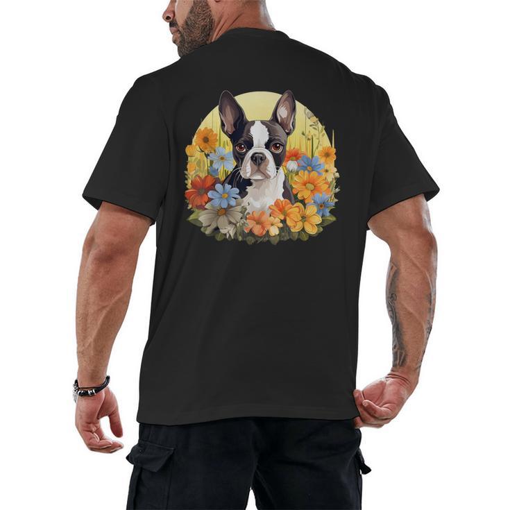 Cute Boston Terrier Spring Flower Garden Colorful Puppy Dog Men's Back Print T-Shirt