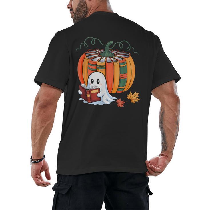 Fall Book Pumpkin Ghost Reading Books Halloween Teacher Men's Back Print T-Shirt
