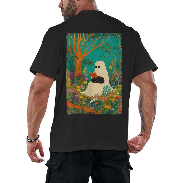 Groovy Ghost Reading Book Cat Halloween Ghost Teacher Men's Back Print T-Shirt