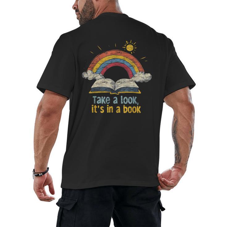 Take a Look It's In a Book Vintage Reading Teacher Rainbow Men's Back Print T-Shirt