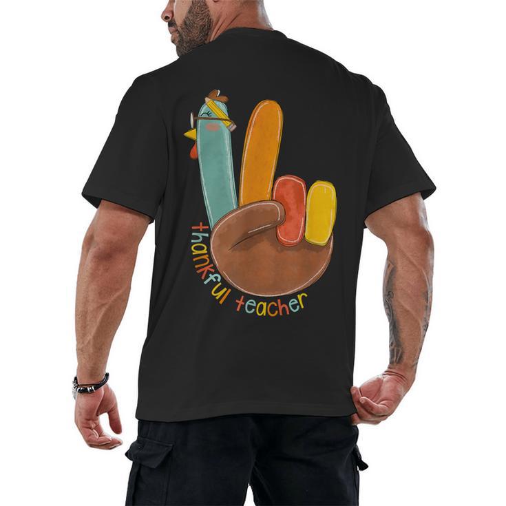 One Thankful Teacher Thanksgiving Turkey Peace Hand Sign Men's Back Print T-Shirt