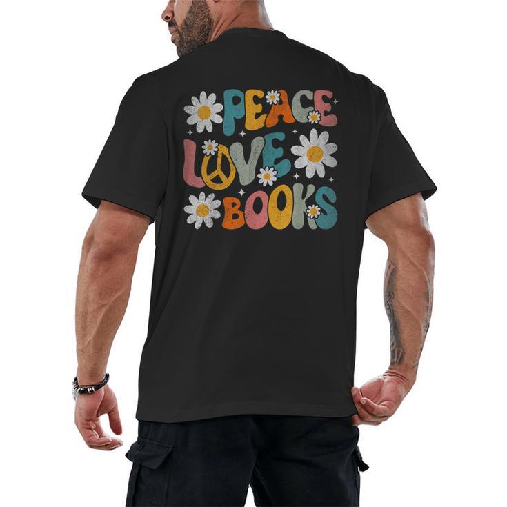 Peace Love Books Bookworm Librarian Reading Teacher Groovy Men's Back Print T-Shirt