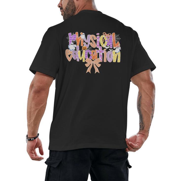 Physical Education Halloween Bow Checkered Teacher Ghost PE Men's Back Print T-Shirt