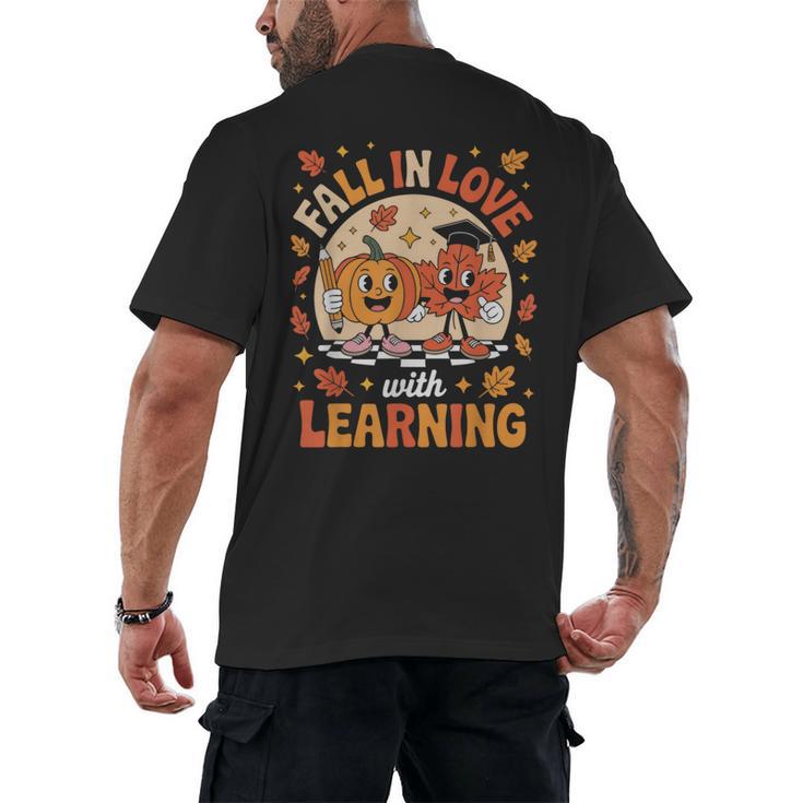 Retro Fall In Love With Learning Pumpkin Leaf Teacher Autumn Men's Back Print T-Shirt