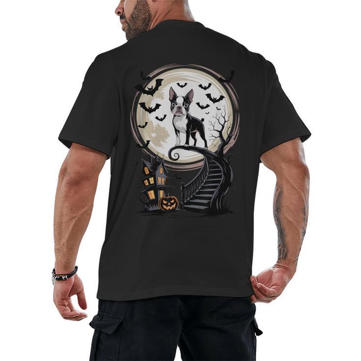 Spooky Halloween Moon Boston Terrier Boston Bull Bostie Men's Back Print T-Shirt