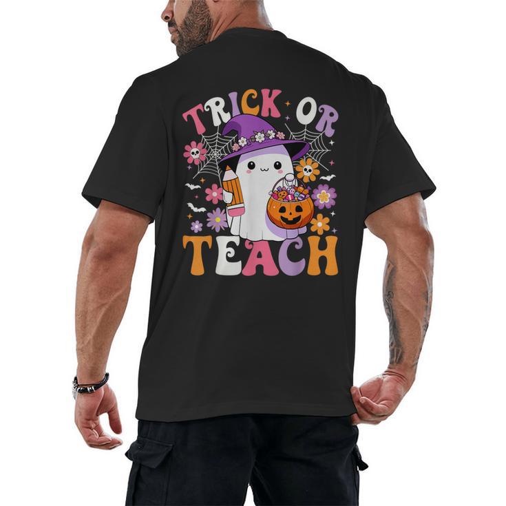 Trick Or Teach Groovy Teacher Ghost Halloween Teacher Men's Back Print T-Shirt