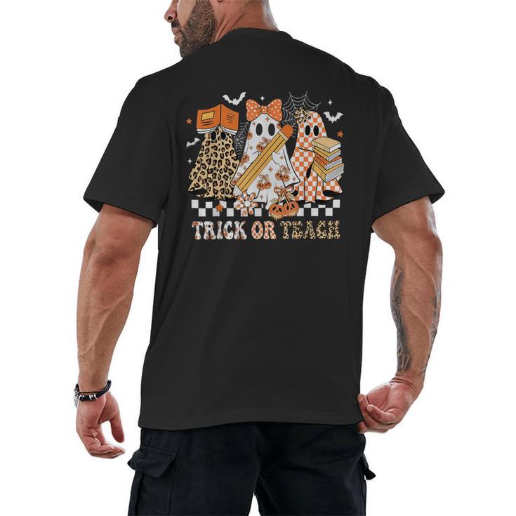 Trick Or Teach Groovy Teacher Halloween Floral Ghost Men's Back Print T-Shirt