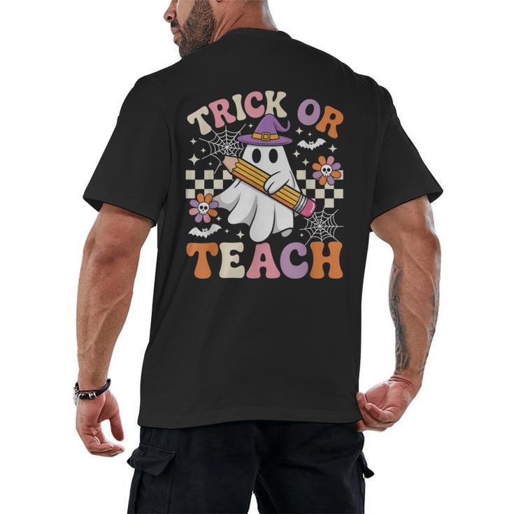 Trick Or Teach Groovy Teacher Halloween Retro Ghost Men's Back Print T-Shirt