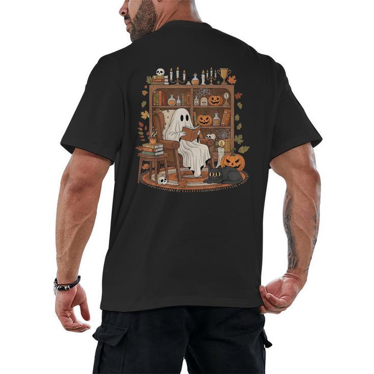 Vintage Ghost Book Reading Pumpkin Gothic Halloween Teachers Men's Back Print T-Shirt