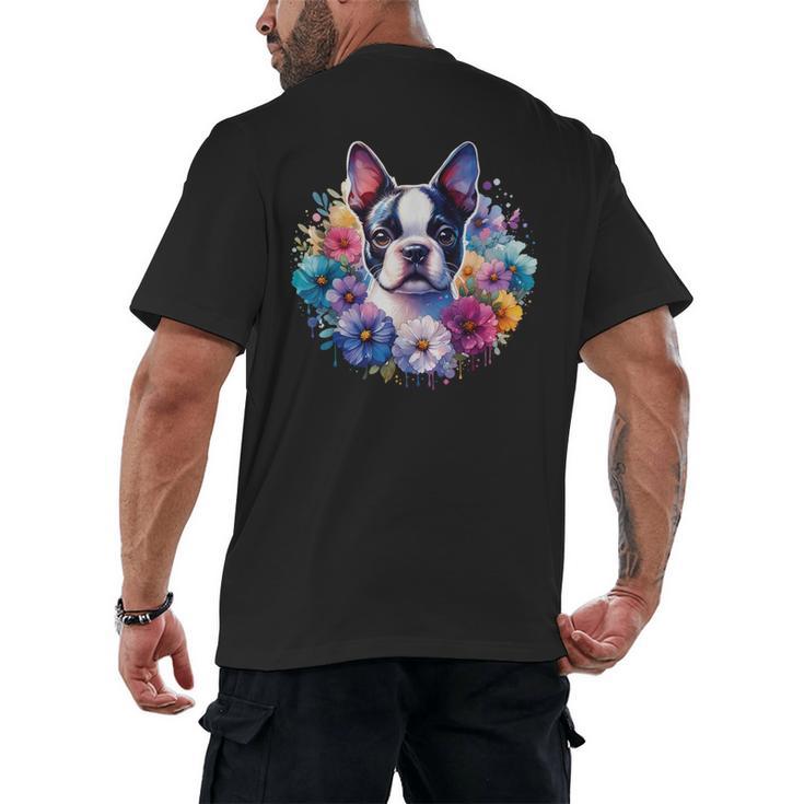 Watercolor Floral Boston Terrier Mama Dog Lover Mother's Day Men's Back Print T-Shirt