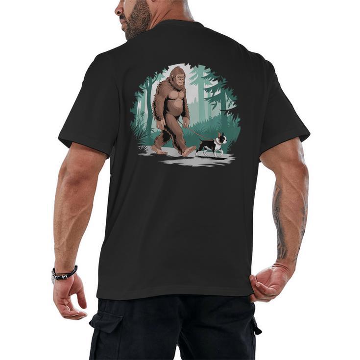Whimsical Forest Adventures Sasquatch Bigfoot Walking Boston Terrier Dog Lovers Men's Back Print T-Shirt