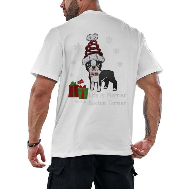 Boston Terrier Christmas T Shirt-Life Is Merrier Premium Tri-Blend Men's Back Print T-Shirt