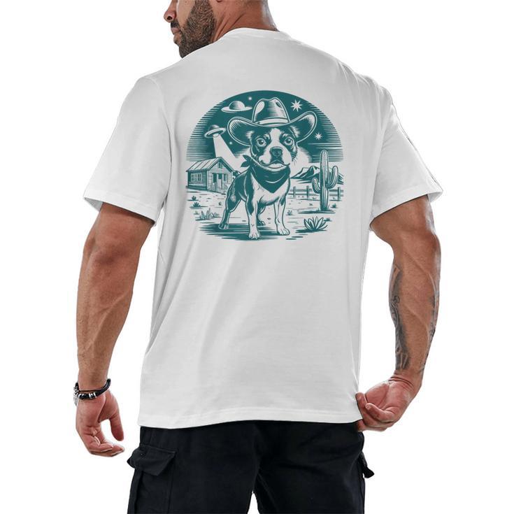 Boston Terrier Cowboy UFO Shirt Vintage Western Dog Mom Tee Men's Back Print T-Shirt