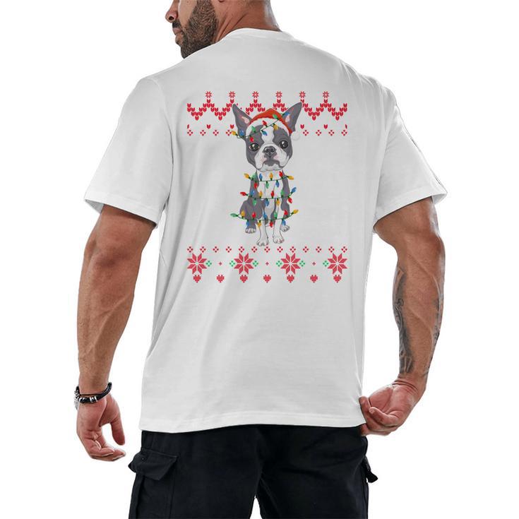 Boston Terrier Dog Santa Hat Men Kids Ugly Christmas Light Men's Back Print T-Shirt