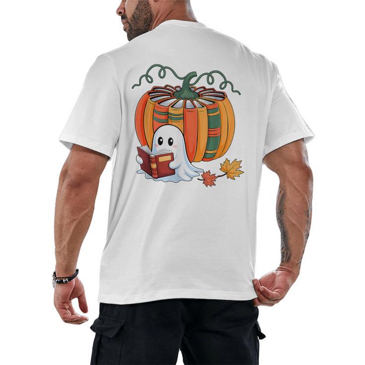 Fall Book Pumpkin Books Ghost Reading Halloween Teacher Men's Back Print T-Shirt